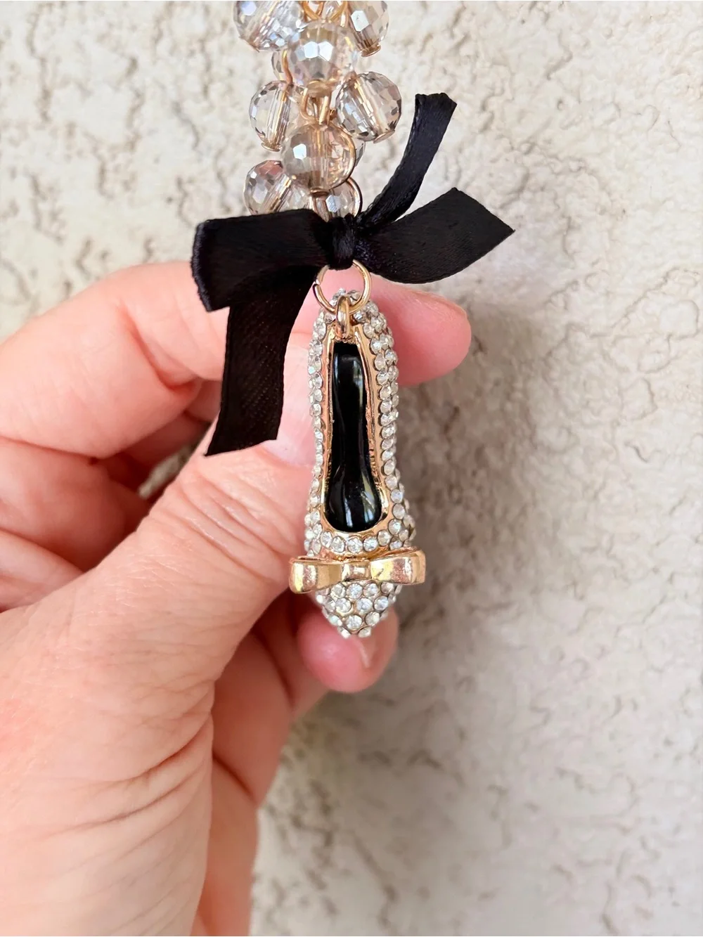Gold Rhinestone High Heel Keychain with Black Bow & Faceted Crystals